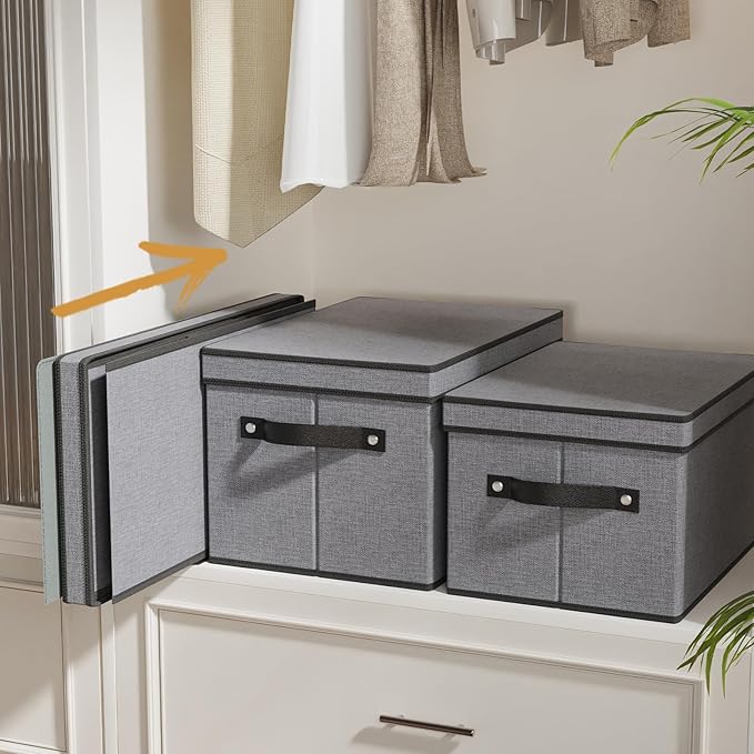 Storage Boxes, 15 x 9.8 x 8.3 Inch Baskets for Organizing with Lids, Fabric Bins with Handles, Decorative Linen Closet Organizers, Gray, 5 Pack