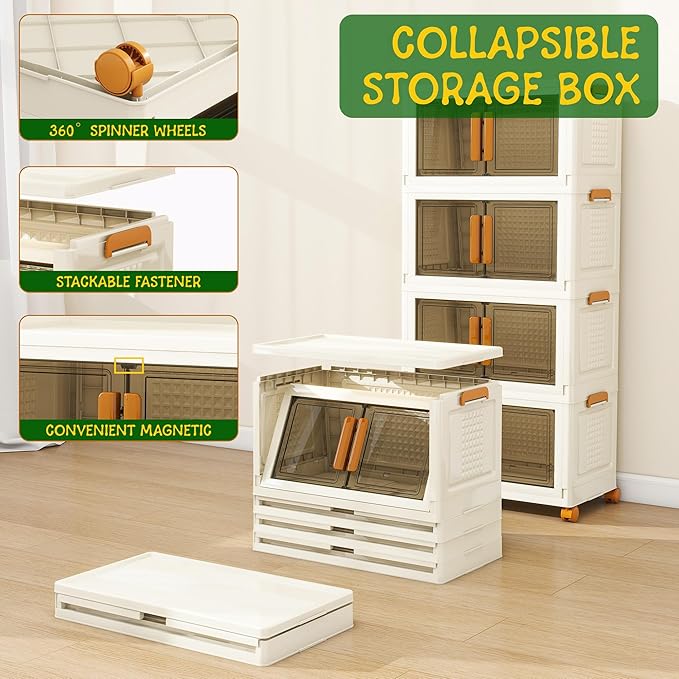 4 Tier Large Stackable Plastic Storage Bins with 1 Lid 95 QT/Tier, Collapsible Plastic Box Storage Bin with Wheels, Home Containers Boxes Closet Organizers for Living Room, Office, Dorm