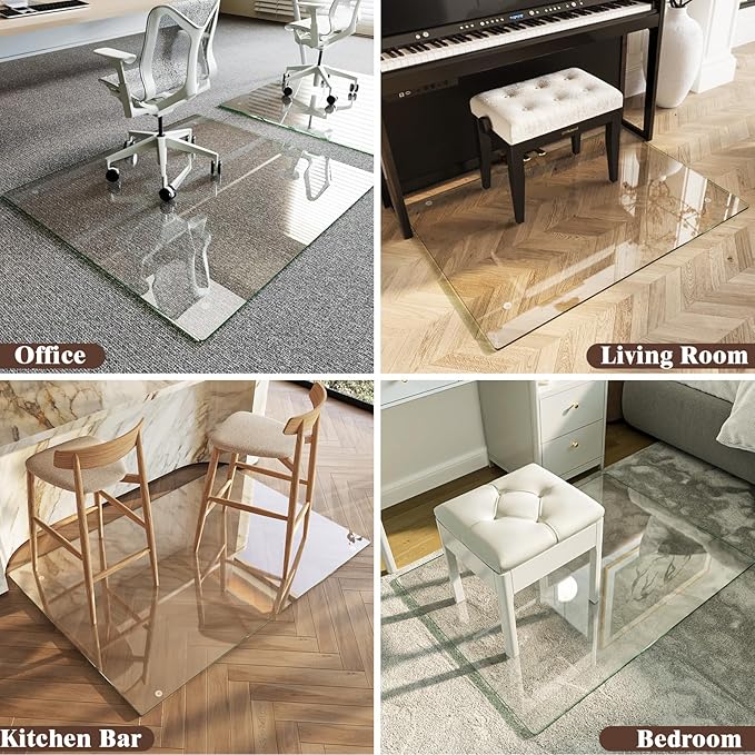 Koonmi Tempered Glass Chair Mat 46"x55" - Premium Office Chair Mat for Hardwood Floors & Low-Pile Carpet with 4 Non-Slip Pads - Thick Scratch-Resistant Surface