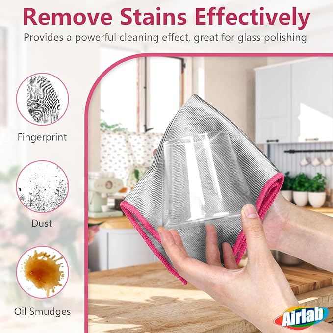 Glass Polishing Cloth Streak Free Miracle Microfiber Cleaning Cloth Lint Free Cleaning Rags for Glasses Kitchen Dish Mirrors Easy Clean, Pack of 6, 12" x 12", Sliver-Pink