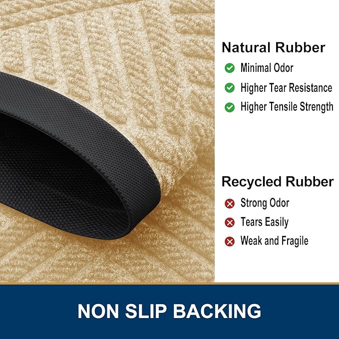 Smiry Front Door Mat Outside Entrance, Heavy Duty Outdoor Indoor Natural Rubber Doormat, Non Slip, Trap Dirt and Moisture, Easy Clean, Low Profile Patio Porch Entryway Mat, 29.5x17, Beige