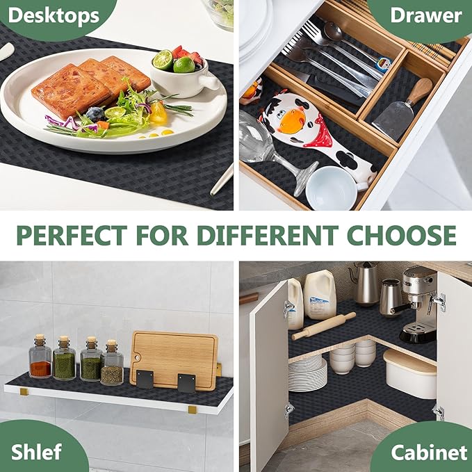 Shelf Liners, Non-Adhesive Drawer Liner, Waterproof & Oil-Proof Kitchen Cabinet Cupboard Liner Plastic EVA Material BPA Free Fridge Liner Mats Paper Protector for Shelves (Black/20in x 240in)