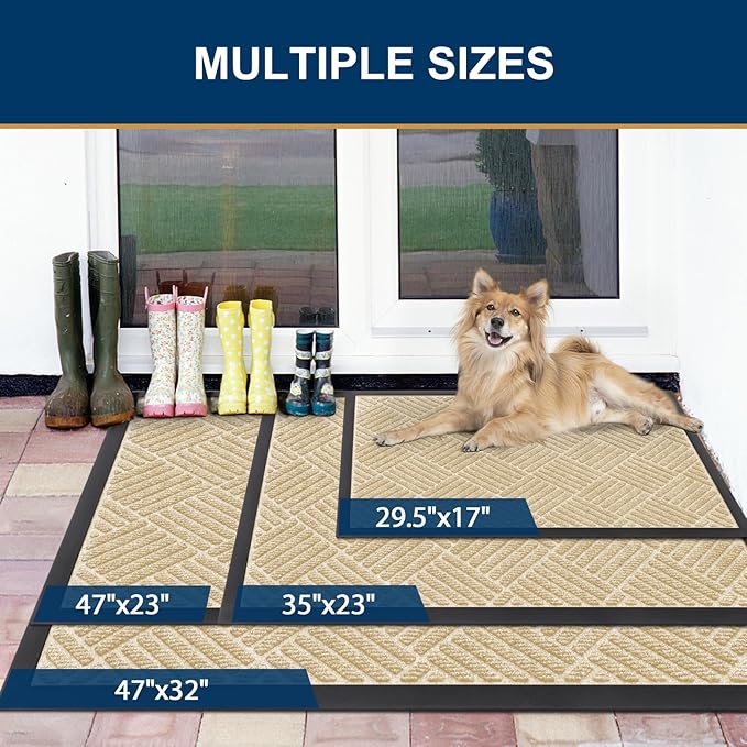 Smiry Front Door Mat Outside Entrance, Heavy Duty Outdoor Indoor Natural Rubber Doormat, Non Slip, Trap Dirt and Moisture, Easy Clean, Low Profile Patio Porch Entryway Mat, 47x32, Beige