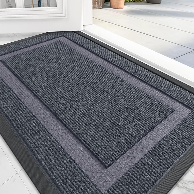 OLANLY Front Door Mat Indoor Outdoor Entrance, Waterproof All-Season, All-Weather Doormat, Sturdy Natural Rubber, Fade Resistant, Low Profile, Easy Clean Patio Porch Entryway Mat, 71x23, Light Grey
