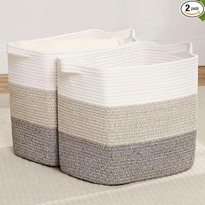 Storage Baskets for Clothes Fabric Cotton Rope Storage Basket with Handles, Decorative Woven Basket for Living Room,Closet Organizer Blankets, and 2bags (Gradient Brown, L14×W11×H14)