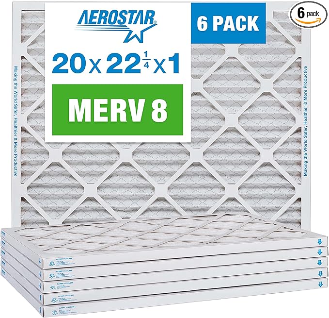 Aerostar 20x22.25x1 MERV 8-6 Count - High Efficiency Pleated HVAC, Furnace & Air Conditioner Filters - Removes Dust, Lint, Mold & Allergy-Causing Pollen