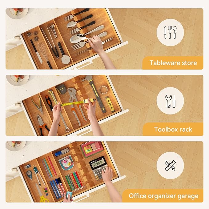 Yofidra Pure Bamboo Silverware Drawer Organizer: 16.53" Lx10 Wx1.93 H Large Silverware Utensil Tray Holder, 3-Compartment with 6 Card Slots Kitchen Flatware Organizer for Spoons Forks Knives