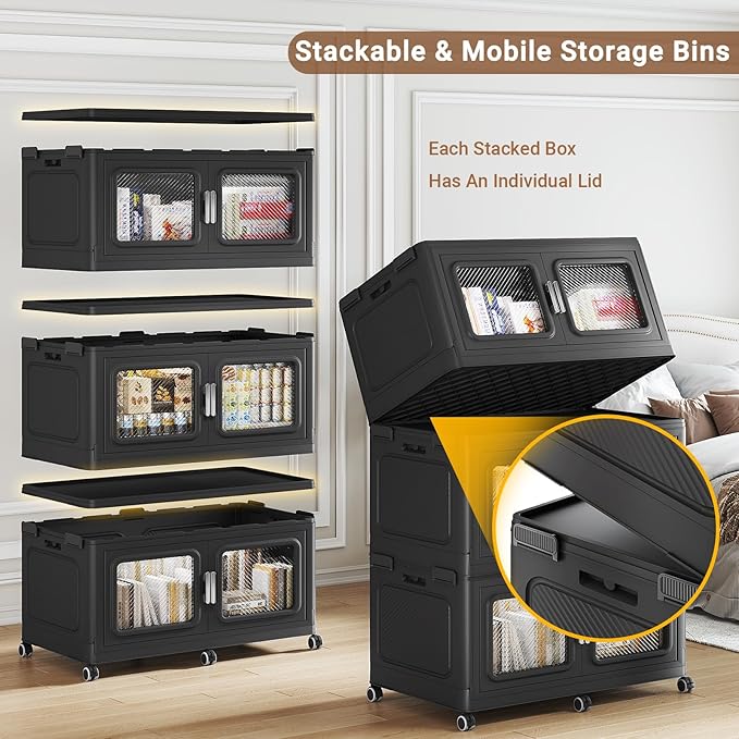 BROVIEW 1200 Qt Stackable Storage Bin with Lid, 300Gal Extra Large Collapsible Storage Boxes, Folding Plastic Drawer, Heavy-Duty Store Cabinet, Closet Organizer for Home Kitchen, 4 Pack Black