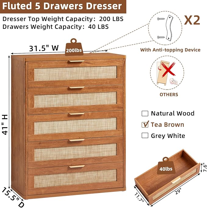 LEYAOYAO Rattan Dresser for Bedroom Set 2, 41" Tall Chest of Drawers, Modern 5 Drawers Boho Dressers with Storage, Light Oak Dresser Wooden Closet Organizer for Living Room, Hallway, Tea Brown