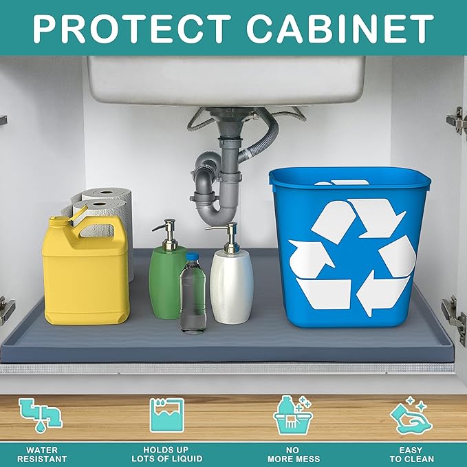 URMONA Waterproof Silicone Under Sink Mat 22'' x 22'' Shelf Liner for Kitchen and Bathroom, Cabinet and Counter Protector, Storage and Organizers, Litter Mat, Pet Cat Puppy Essentials(Black)