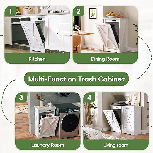 Betterhood Tilt Out Trash Can Cabinet, Hidden Trash Bin with Deodorizing & Negative Ion System, Pet-Proof Kitchen Waste Cabinet for Kitchen, Dining Room, Living Room (White, 1 * 10 Gallons)