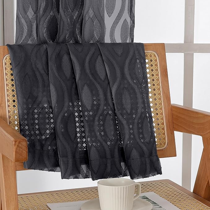 Aiyufeng Black Sheer Curtains Tiers 36 Inch Length 2 Panels Set, Airy Lightweight Clip Jacquard Small Window Curtains, Modern Wavy Line Textured Voile Sheer Curtains for Small Windows, 40"Wx36"L Inch