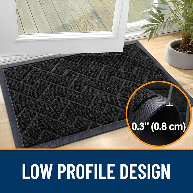 OLANLY Front Door Mat Indoor Outdoor Entrance, Waterproof All-Season, All-Weather Doormat, Sturdy Natural Rubber, Easy Clean Patio Porch Entryway Mat, Herringbone Brick (Jet Black, 29.5x17)