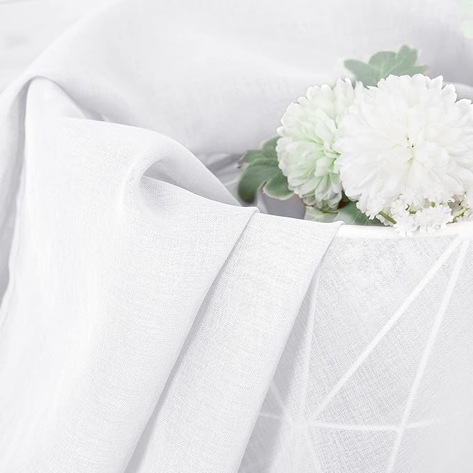 Tollpiz Short Sheer Curtain Linen Textured Living Room Curtains Sheer Light Filtering Rod Pocket Voile Curtain for Bedroom, 42 x 54 inches Long, White, Set of 2 Panels