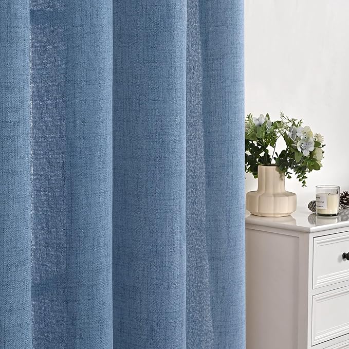YoungsTex Denim Blue Linen Curtains 36 Inches Long for Bathroom Window, Small Drapes Light Filtering with Rod Pocket Back Tab Ocean Style for Kitchen Cafe Windows, 2 Panels, 42 X 36 Inch