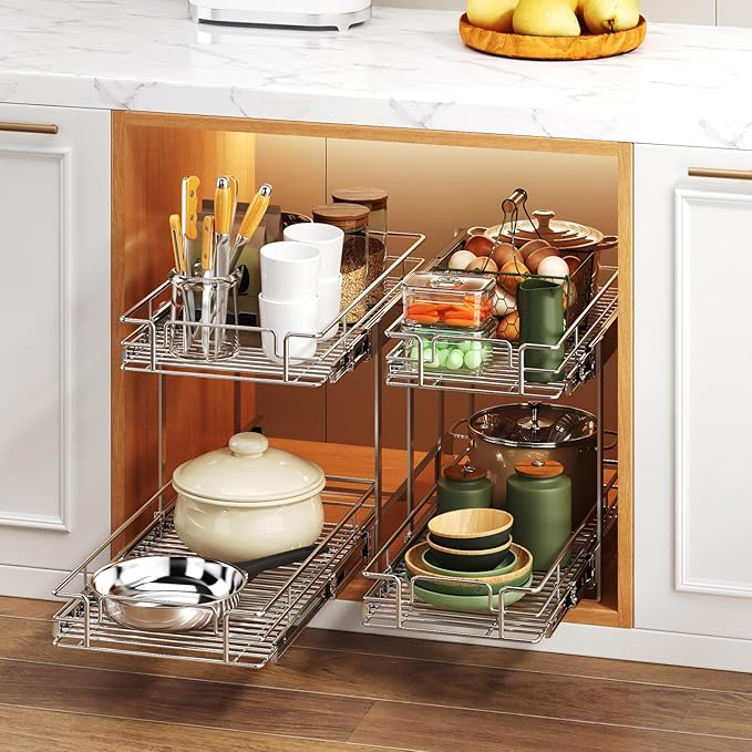 2 Tier Individual Pull Out Cabinet Organizer 5½" W x 21½" D, Heavy Duty Cabinet Pull Out Shelves, Slide Out Drawers Organization for Kitchen Cabinets Bathroom