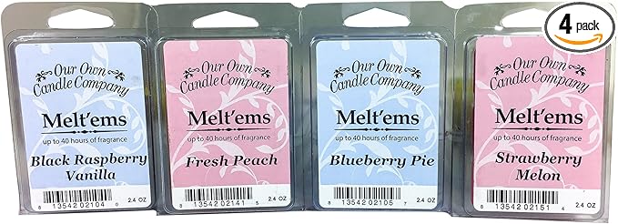 Our Own Candle Company Premium Wax Melt, Black Raspberry Vanilla, Blueberry Pie, Fresh Peach, and Strawberry Melon, Fruit Variety Pack, 6 Cubes, 2.4 oz (4 Pack)