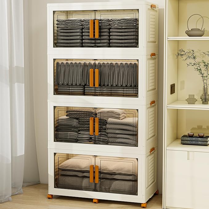 4 Tier Extra Large Stackable Storage Bins with 1 Lid 155 QT/Tier, Collapsible Plastic Box Storage Bin with Wheels, Home Containers Boxes Closet Organizers for Living Room, Office, Dorm