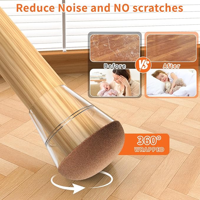 Chair Leg Floor Protectors Medium 24Pcs,Silicone Chair Leg Protectors for Hardwood Floors/Tiles,360°Wrapped Felt Bottom to Prevent Scratch and Reduce Noise, Round Clear