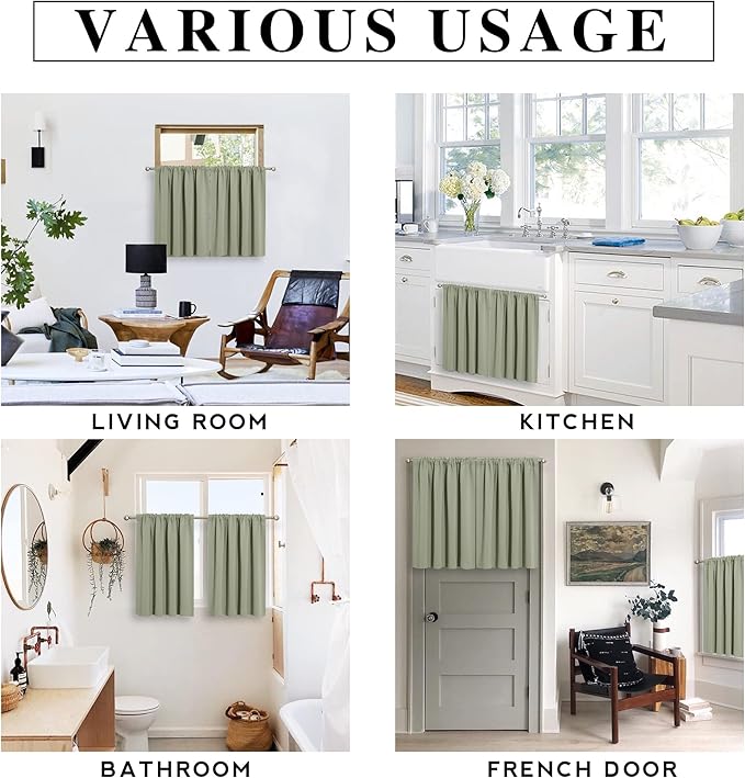 RYB HOME RV Camper Door Window Curtains -Blackout Privacy Curtains & Drapes for Bathroom Bedroom Kitchen Portable Travel Trailer Small Window Decor, W 34 x L 24, Sage Green, 2 Panels