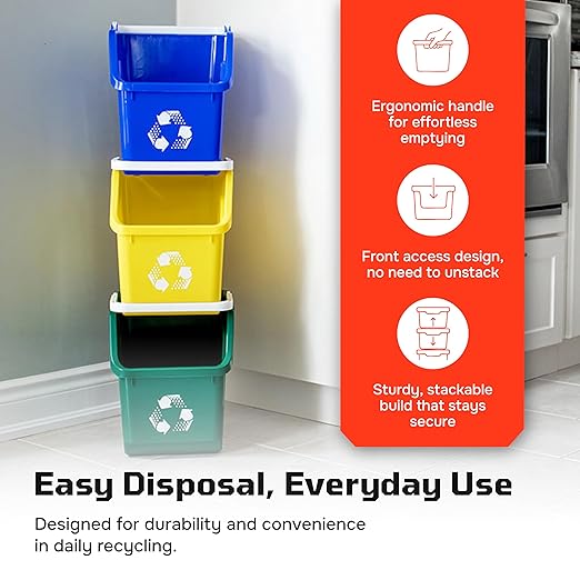 Multi Bin Recycling System with Six Stackable 6 Gallon Recycle Bins to Build Your Recycling Center for Offices, Kitchen, Garages, Businesses - (6 Pack, Blue/Grey)
