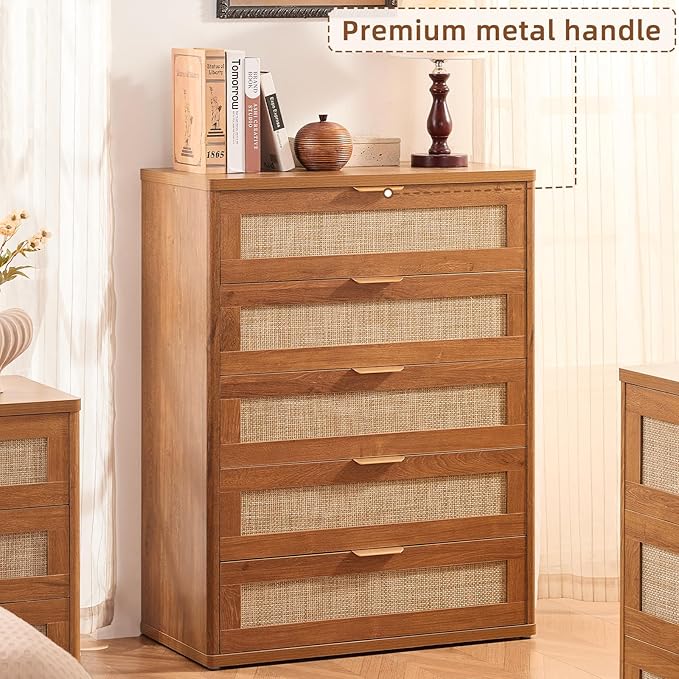 LEYAOYAO Dresser for Bedroom, 41" Tall Chest of Drawers, Modern 5 Drawers Boho Rattan Dressers with Storage, Dresser Wooden Closet Organizer for Living Room, Hallway, Tea Brown