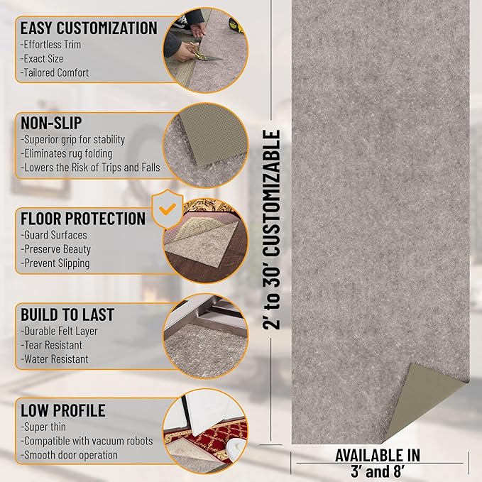 Ottomanson 2' x 8' Non-Slip Rug Pad Gripper 1/4 Inch Thick Dual Surface Felt + Rubber Gripper - Safe for All Floors, Brown