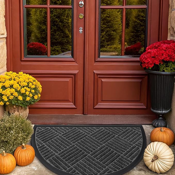 Smiry Half Circle Front Door Mat Outside Entrance, Heavy Duty Outdoor Indoor Natural Rubber Doormat, Non Slip, Trap Dirt and Moisture, Easy Clean, Low Profile Patio Porch Entryway Mat, 29.5x17, Black