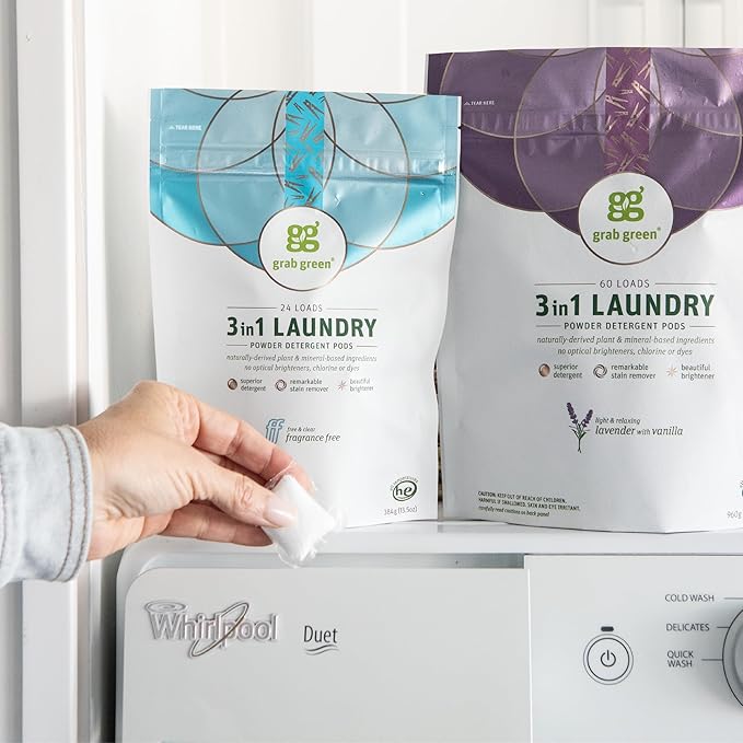 Grab Green 3-in-1 Laundry Detergent Pods, 24 Count, Lavender Vanilla Scent, Plant and Mineral Based, Superior Cleaning Power, Stain Remover, Brightens Clothes