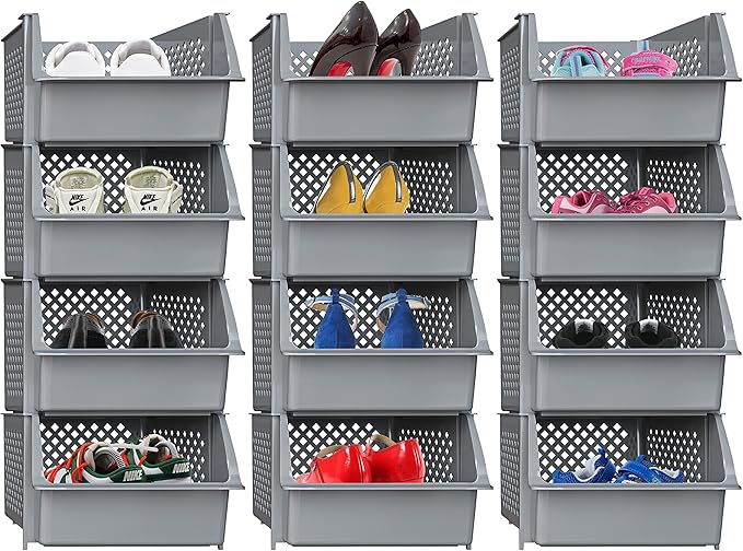 Skywin Plastic Stackable Storage Bins for Pantry, 12 Pack Stackable Bins For Organizing Food, Kitchen, and Bathroom Essentials (Grey)
