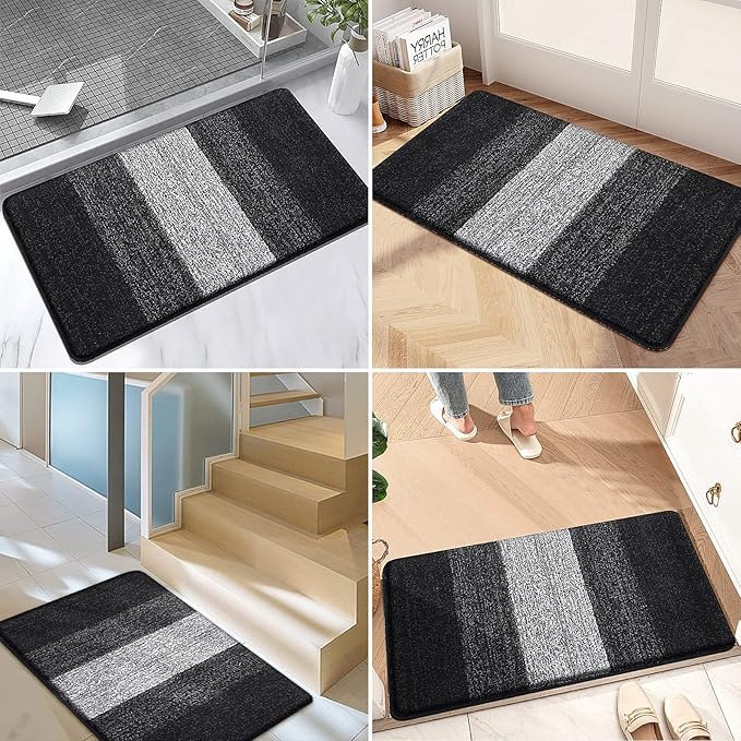 Kitinjoy Indoor Outdoor Door Mat, 47x20 Non-Slip Absorbent Dirt Trapper, Low-Profile Washable Inside Entrance Front Floor Mat, Sturdy Soft Entry Doormats for Entryway, Black