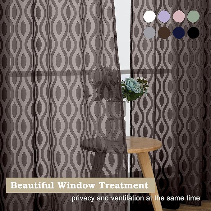 Aiyufeng Sheer Curtains 96 Inches Long for Bedroom and Living Room, 2 Panels, Farmhouse Wavy Line Light Filtering Clip Jacquard Solid, Rod Pocket, Brown, 40" W x 96" L