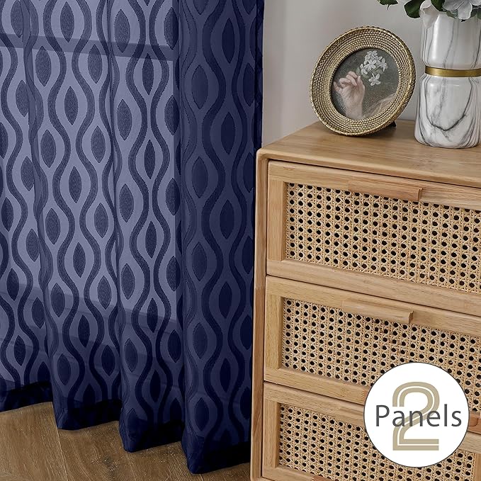 Aiyufeng Navy Curtains 45 Inch Length 2 Panels Set, Farmhouse Soft Airy Lightweight Clip Jacquard Textured Curtains, Chic Wavy Line Window Curtains for Bedroom Living Room, 40" Wx45 L Inches