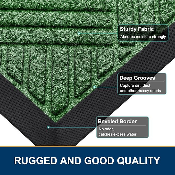 Smiry Front Door Mat Outside Entrance, Heavy Duty Outdoor Indoor Natural Rubber Doormat, Non Slip, Trap Dirt and Moisture, Easy Clean, Low Profile Patio Porch Entryway Mat, 71x47, Green