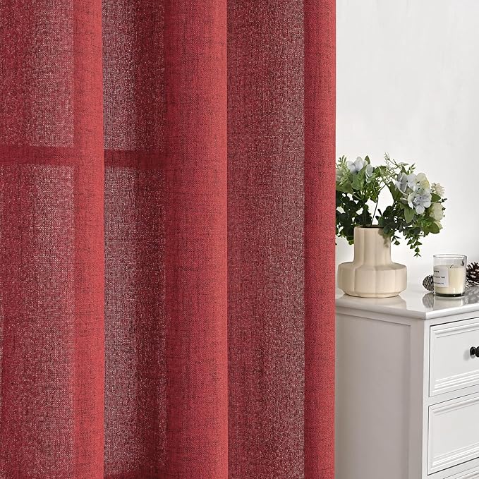 YoungsTex Red Linen Curtains 40 Inch Long for Kitchen, Small Semi Sheer Drapes with Rod Pocket Back Tab Light Filtering Christmas Decor for Bathroom Cafe Short Window, 2 Panels, 42 X 40 Inch