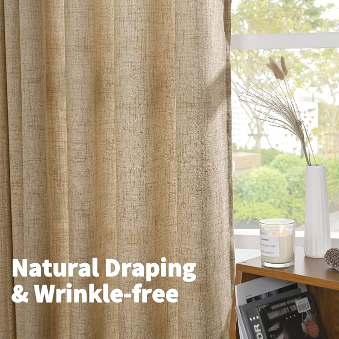 YoungsTex Toffee Linen Curtains 84 Inch Length 2 Panels for Farmhouse Living Room, Light Filtering Back Tab Burlap Textured Window Drapes for Bedroom Rod Pocket Rustic/Country, 52 X 84 Inch