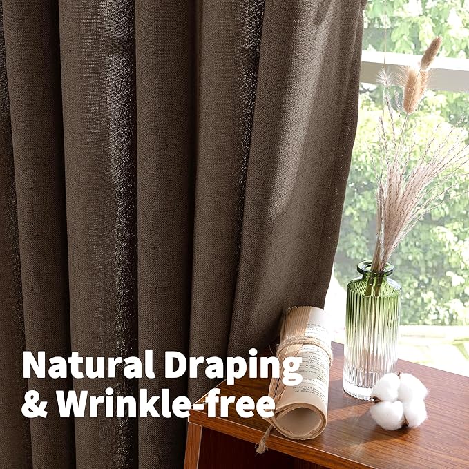 YoungsTex Linen Curtains 90 Inch Length for Living Room, Semi Sheer Window Drapes Rod Pocket Back Tab Light Filtering Privacy for Dining Room Office Bedroom, Brown, 2 Panels, 52 X 90 Inch