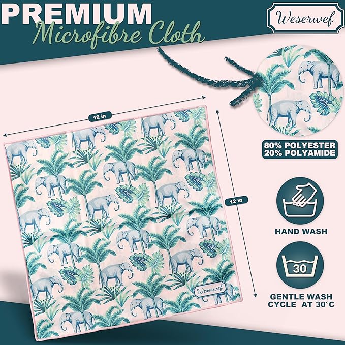 WESERWEF Design Microfiber Glasses Cleaning Cloth – Premium Cleaning Cloth for Eyeglasses, Screens, Tablets, Cameras & Lenses, 12" x 12", Ultra-Soft & Scratch-Free (Elephant)