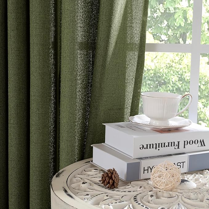 YoungsTex Olive Green Linen Curtains 63 Inch Length for Living Room, Light Filtering Textured Drapes with Rod Pocket/Back Tab Semi Sheer Window Treamtments for Bedroom, 2 Panels, 52 X 63 Inch