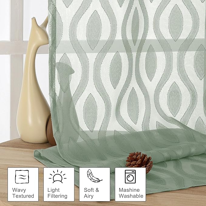 Aiyufeng Sheer Green Curtains 54 Inch Length 2 Panels, Soft Lightweight Clip Jacquard Textured Farmhouse for Bedroom, Modern Wavy Line Voile Sheer for Living Room, 40" Wx54 L Inches