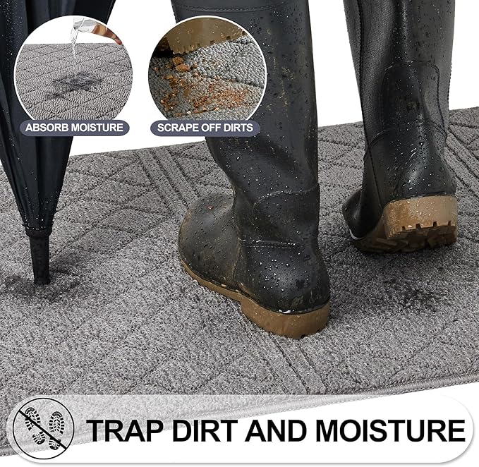REFETONE Indoor Doormat, Front Back Door Mat 20"x32" Rubber Backing Non Slip Mats, Absorbent Resist Dirt Entrance Rugs for Entryway, Washable Low-Profile Inside Floor Mat for Muddy Wet Shoes, Grey