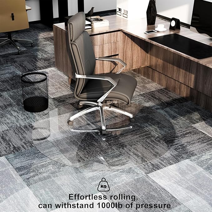 GLSLAND Round Tempered Glass Floor Mat - 55" Office Chair Mat for Carpet Clear Glass Mat 1/5" Thick for Hardwood Floor/Carpeted Floors