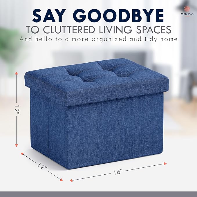 Ornavo Home Small Storage Ottoman Foldable Collapsible Rectangle Linen Ottoman Foot Rest Stool Seat, for Living Room, Bedroom, Home Office, Dorm - 12 x 16 x 12, Navy Blue