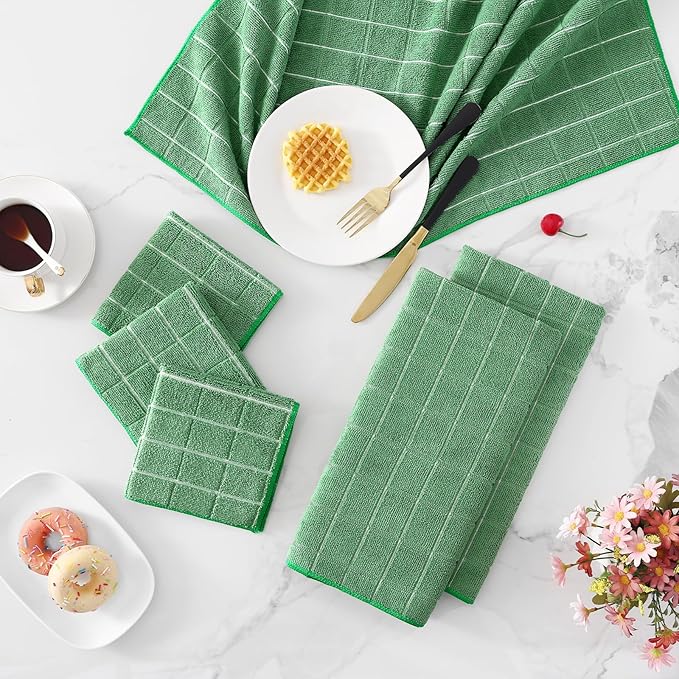 Homaxy Microfiber Kitchen Towels and Dishcloths Set, 12 Pack Soft and Absorbent Dish Hand Towels Bulk, 28 x 16 Inch & 12 x 12 Inch Quick Drying Rags for Washing Dishes, Grass Green