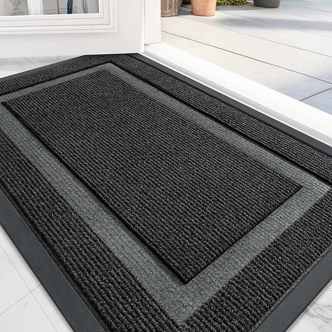 OLANLY Front Door Mat Indoor Outdoor Entrance, Waterproof All-Season, All-Weather Doormat, Sturdy Natural Rubber, Fade Resistant, Low Profile, Easy Clean Patio Porch Entryway Mat, 47x24, Black