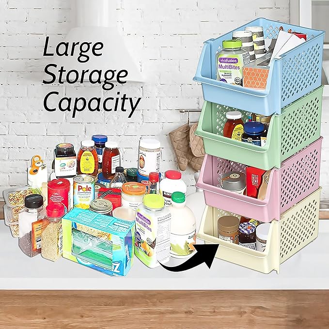 TidyFriend Plastic Stackable Storage Bins for Pantry - 8 Pack Stackable Bins for Organizing Food, Kitchen, and Bathroom Essentials (Multi)