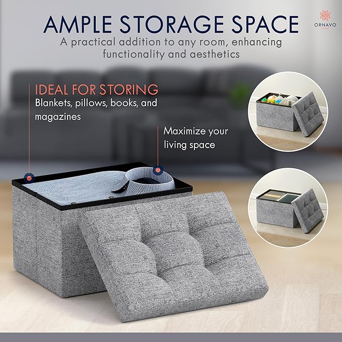 Ornavo Home Small Storage Ottoman, Set of 2, Foldable Collapsible Rectangle Linen Ottoman Foot Rest Stool Seat, for Living Room, Bedroom, Home Office, Dorm - 12 x 16 x 12, Gray
