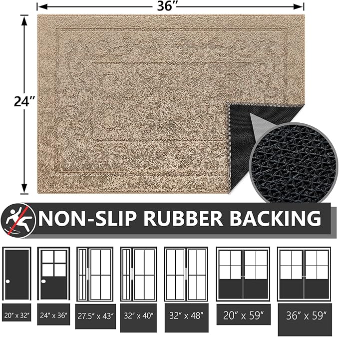 FONEYI Indoor Door Mat 24" x 36", Dirt Trapper Door Mats Non-Slip Entryway Rugs Washable, Absorbent Resist Dirt Welcome Mat, Low Profile Inside Floor Mats for Front Back Door and Entryway, Beige