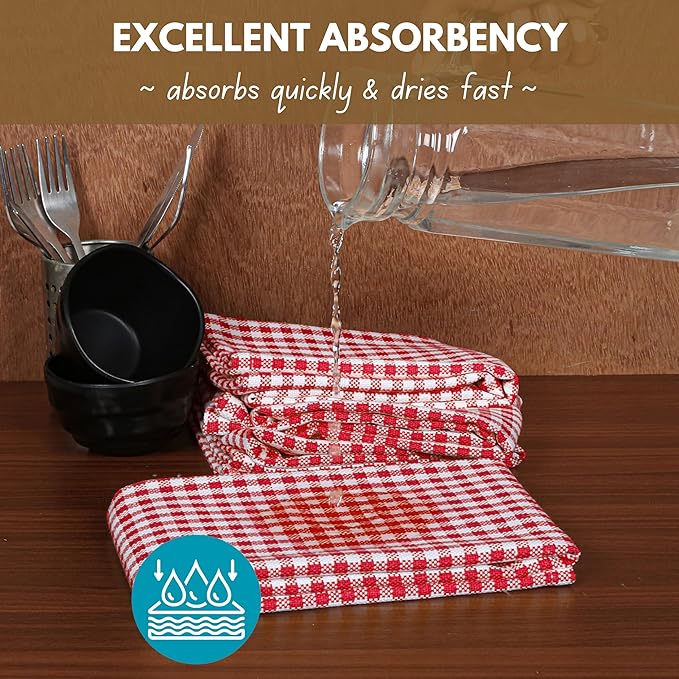 Native Fab Gingham Cotton Kitchen Towel 4 Pack 16"x26" - Absorbent Tea Linen Towels, Dish Cloths, Restaurant Cleaning Towel, Dish Towels with Hanging Loop, Red White