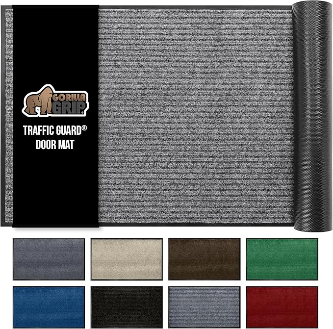 GORILLA GRIP Traffic Guard Door Mat, 59x24, Heavy Duty Welcome Mats, Commercial Office Space Doormat, Waterproof, Fade Resistant, Strong Rubber Backing, Low Profile, Shoe and Boot Scraper, Light Gray